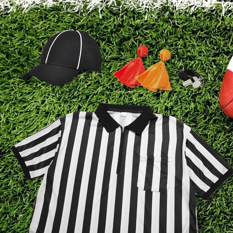 redgino Store 5 Pcs Men's Referee Costume Kit Official Referee Shirt Womens Ref Hat Whistle Yellow Red Penaltys Flag for Football Halloween - Image 2